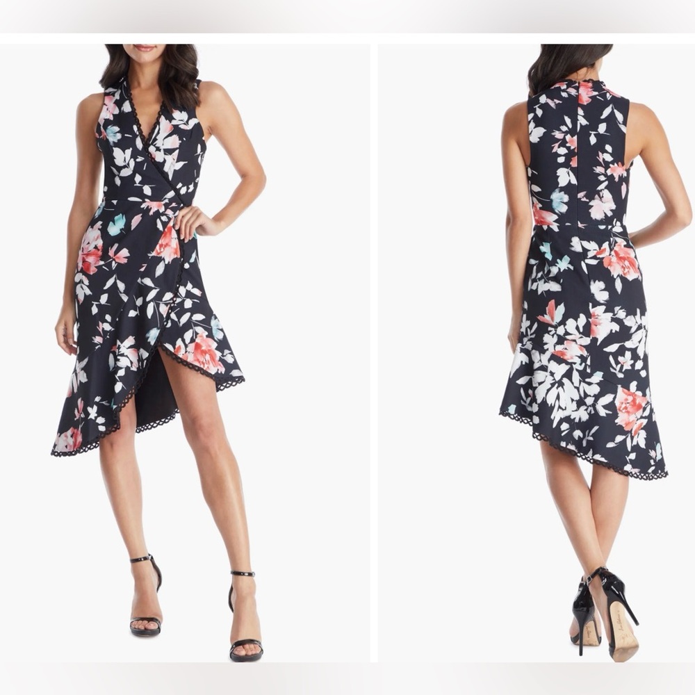 Dress The Population Bijou coral Floral Plunge Black Midi Dress XS